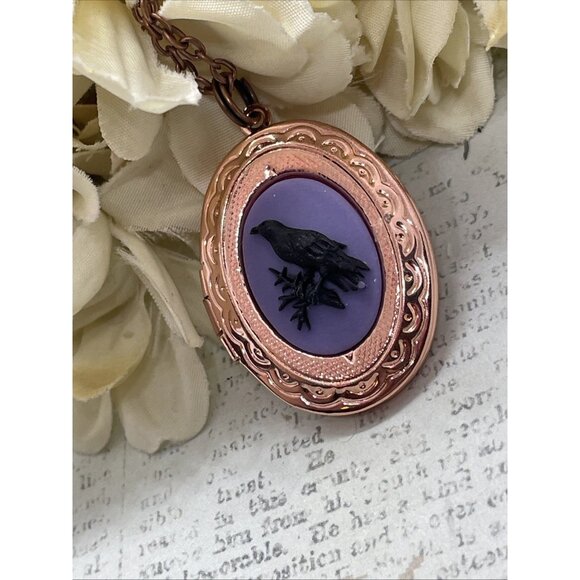 Rose Gold Brass Raven Purple Black Crow Locket Necklace Pendant Gothic Wedding - Picture 3 of 14